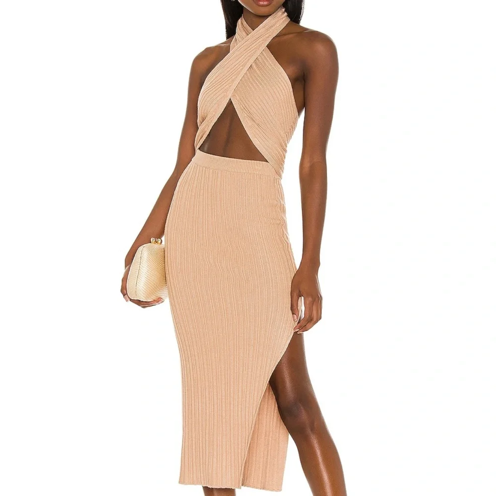 NWT Camila Coelho Tan Ribbed Halter Top & Skirt Set XSmall Tan - Picture 2 of 5